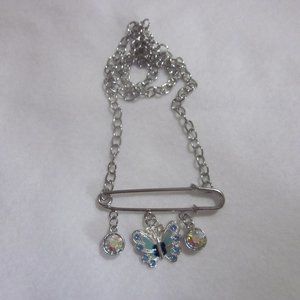 Blue Butterfly Safety Pin Necklace.